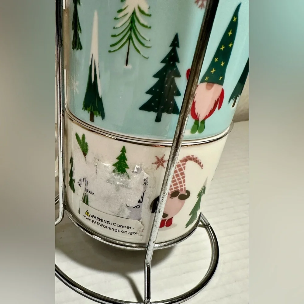 Sweet Living Collection‎ Stacking Set of 4 Mugs Christmas Gnomes Trees Rack New